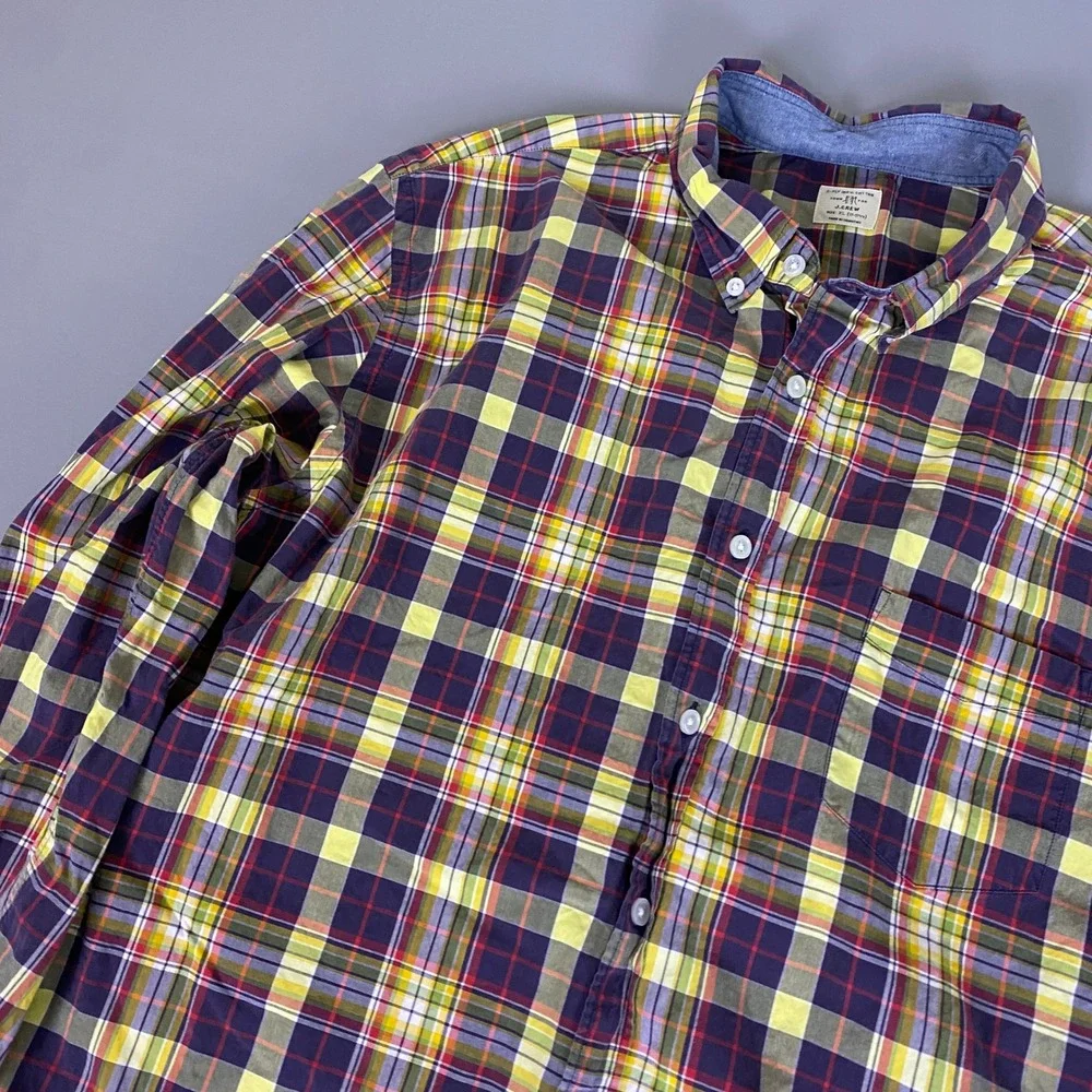 J.Crew 2 Ply‎ Button Down Shirt Men's Size XL Plaid Purple Yellow 100% Cotton